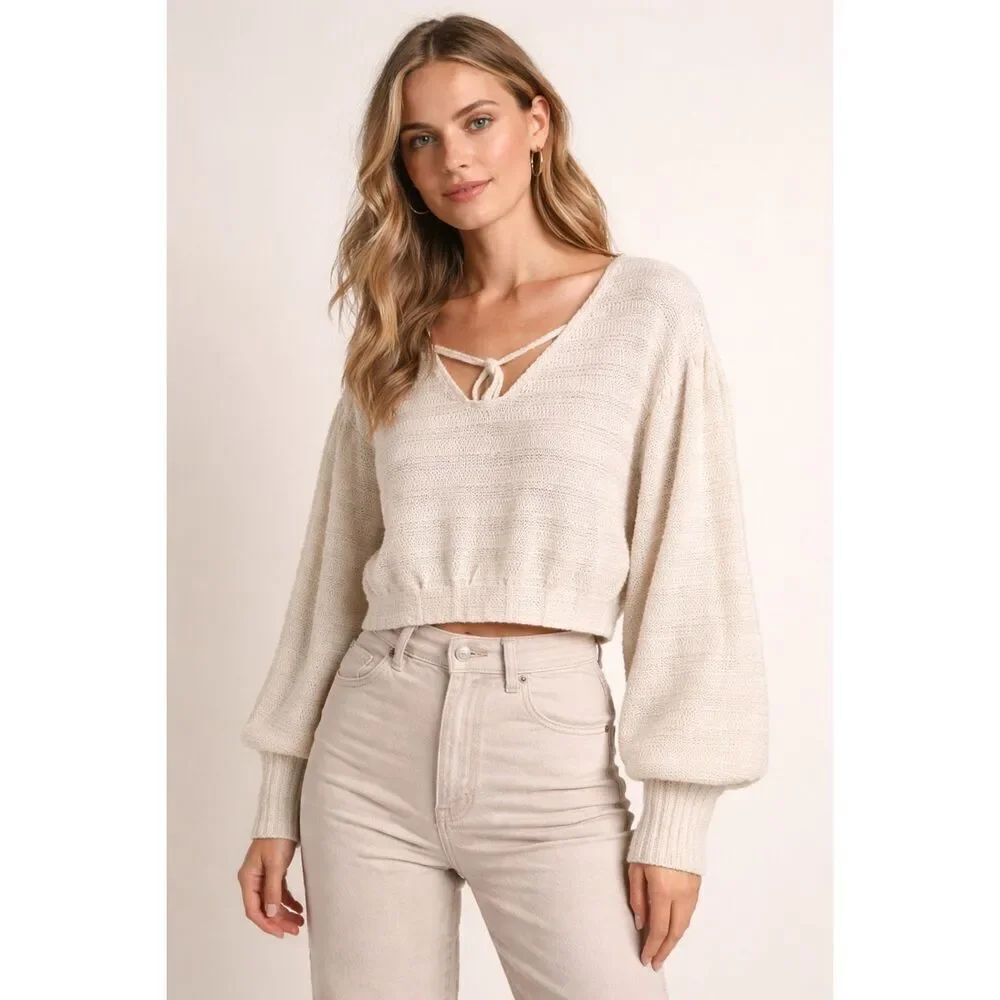 Moon River Cream Cropped Knit Sweater Boho Balloon Sleeve Medium